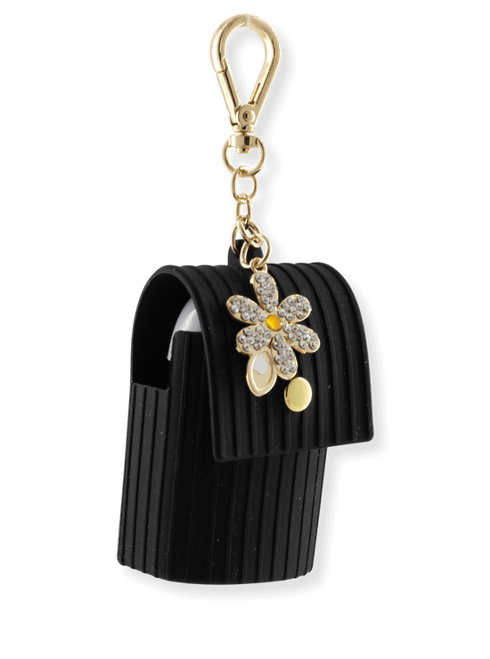 Hanger voor handdesinfectiegel - zwarte tas met glitterbloem